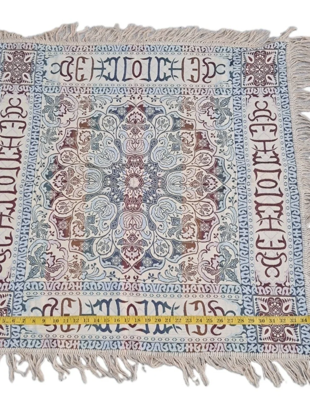 ​Vtg Jacquard Tapestry Table Cover Square Medallion Boho Burgundy Blue Fringe